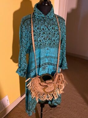 Turquoise Floral Boho Button-Up Tunic Dress